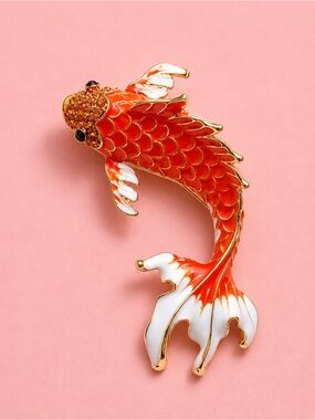 Orange Koi Fish Gold Brooch